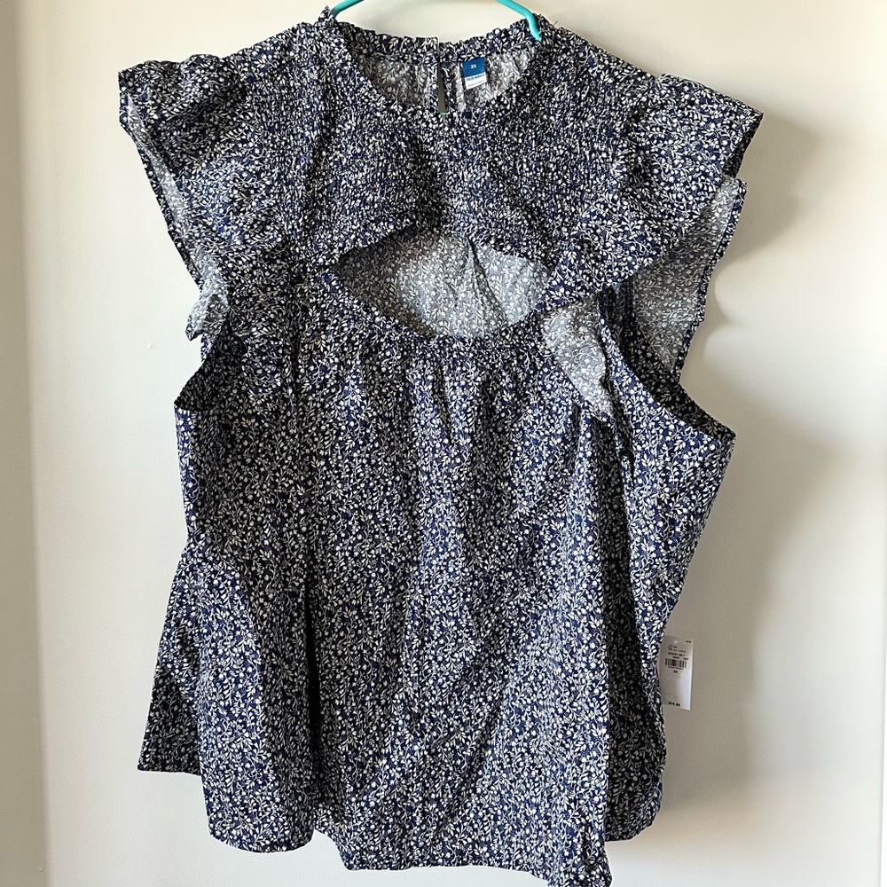Old Navy Blue Ditsy Floral Flutter-Sleeve Cutout Blouse